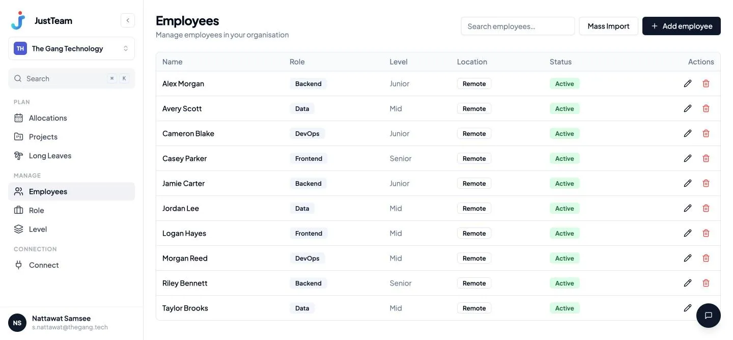 หน้าจัดการรายชื่อพนักงาน